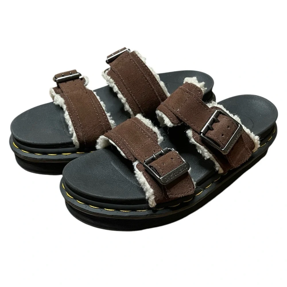 Dr. Martens Myles Suede Fur-Lined Buckle Slide Sandals Dark Brown Women’s Size 8 - Picture 2 of 10